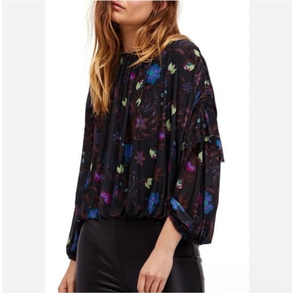 Free People Womens Blouse‎ Shirt Wild Flower Black Combo Floral Mesh B2 - Picture 3 of 7